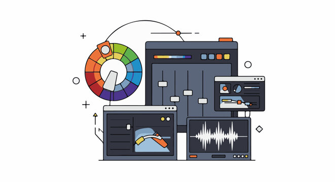A graphic design workspace with several screens, color wheel