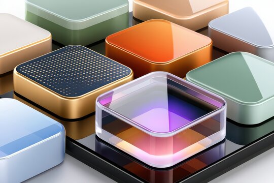 Futuristic glossy app icons and 3D square modules on a reflective modern interface