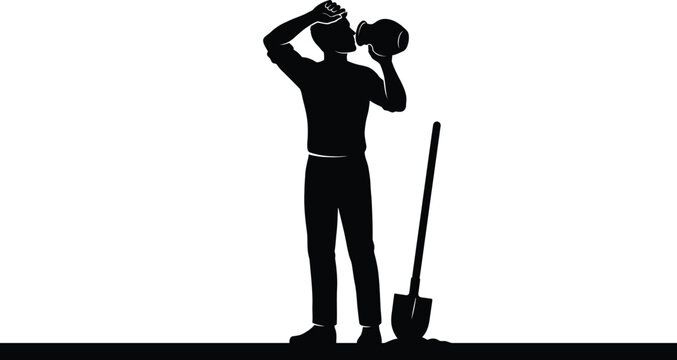Black silhouette of a tired farmer or construction worker taking a break from digging to drink water from a jug wiping his sweaty forehead.