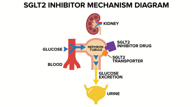 SGLT2 Inhibitor Kidney Glucose Excretion Drug Mechanism Diagram