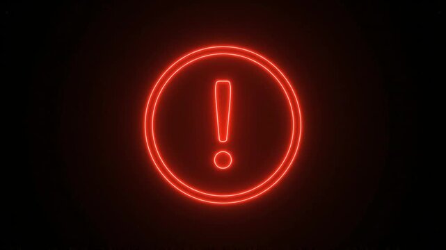 Glowing red neon exclamation mark warning icon in double circle on black background representing caution error alert attention message