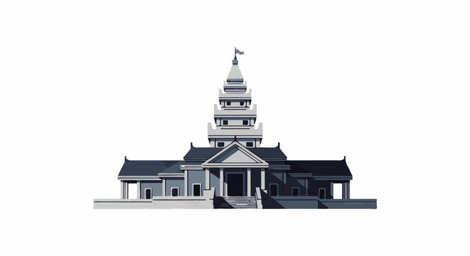A gray and white illustration of a pagoda-style building with a tall tower and flag
