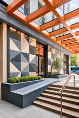 Fototapeta premium Modern urban building entrance with geometric facade, orange canopy and contemporary architectural details