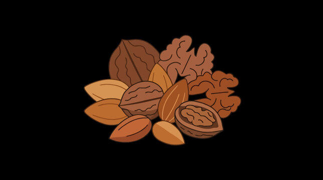 Assorted nuts and leaves on black background