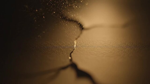 Conceptual warm golden light illuminating deep fractures on a textured surface with floating dust particles suggesting age and organic decay patterns