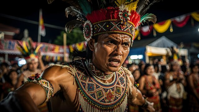 Iban man performing traditional Ngajat dance during Gawai Dayak festival