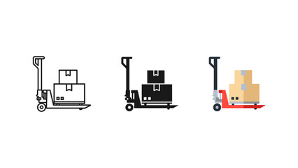 Manual pallet truck icon set with cardboard boxes in outline solid flat design styles warehouse © Nuyab Stock