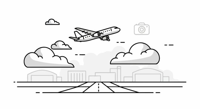 Airplane Taking Off Runway Clouds.