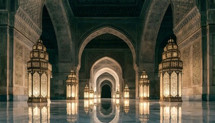 Obraz premium Decorative golden lanterns in a traditional mosque interior for Ramadan