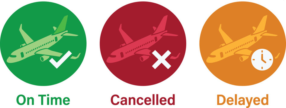 Flight status icons set for on time cancelled and delayed airplane travel information and airport tracking