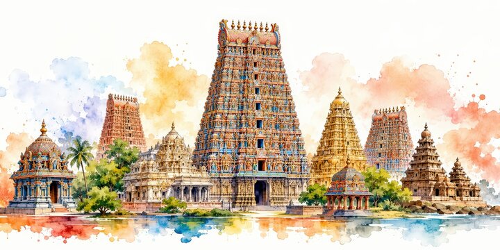 Watercolor illustration for tamil nadu temples for tamil nadu day celebration