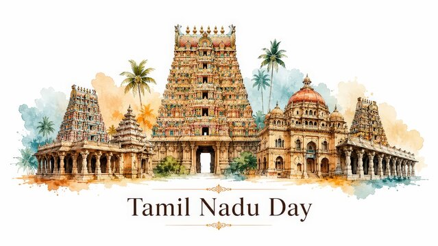 Tamil Nadu Day watercolor banner illustration.