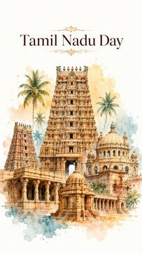 Tamil Nadu Day watercolor card illustration. 