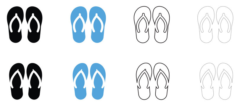 Summer beach flip flops vector icon, pair of flip flop casual vacation footwear vector, silhouette and outline isolated on transparent background