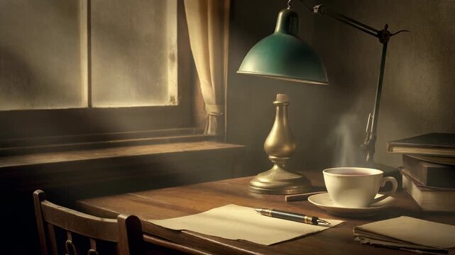 Vintage Desk with Steaming Tea and Books 4K Generative AI