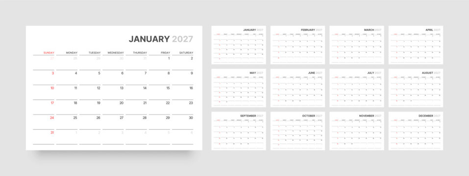 Calendar template for 2027 in a monthly format. The weekly schedule begins on Sunday.