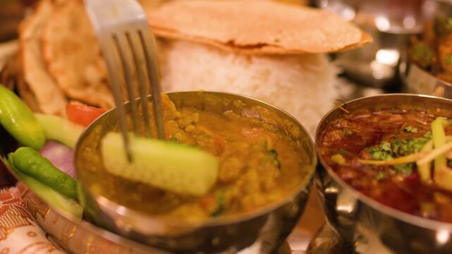 Traditional Indian Thali Platter with Curry Dal and Rice
