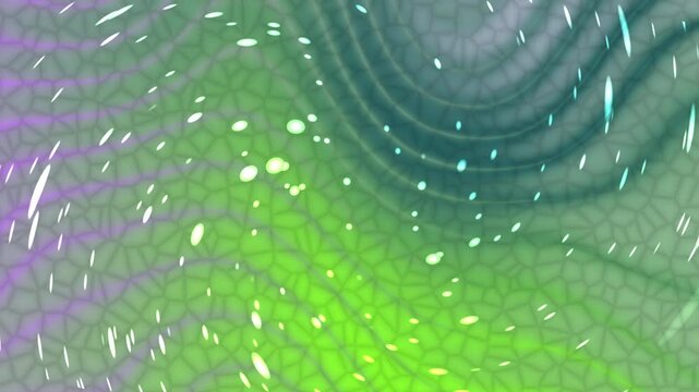 Abstract digital background with wavy green and purple textures and glowing light particles.