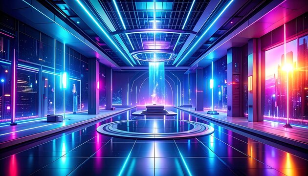 A futuristic room with neon lights and a circular platform (1)