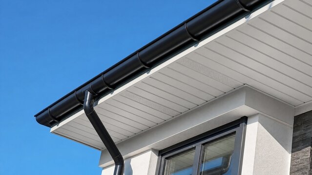 soffit. Clean white soffit board under eaves contrasting with dark rain gutter. real-estate listings, architecture portfolios, designed for real-estate listing and luxury residence showcases.