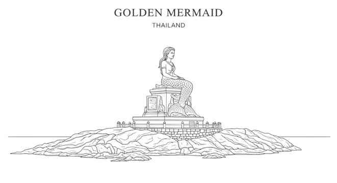 A line drawing of the Golden Mermaid statue in Thailand sitting on a stone pedestal upon a rocky outcrop