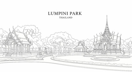 Fototapeta premium A lineart illustration of traditional Thai pavilions set within a lush park landscape