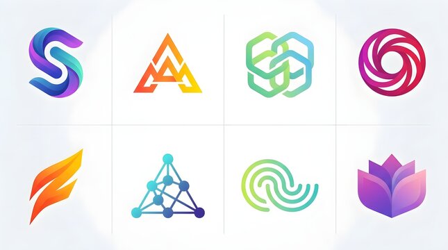 Set of eight abstract gradient logo icons, including S‑shaped wave, mountain triangle, linked hexagon, vortex, flame, molecular network, fingerprint swirl and geometric flower, ideal for modern tech, 