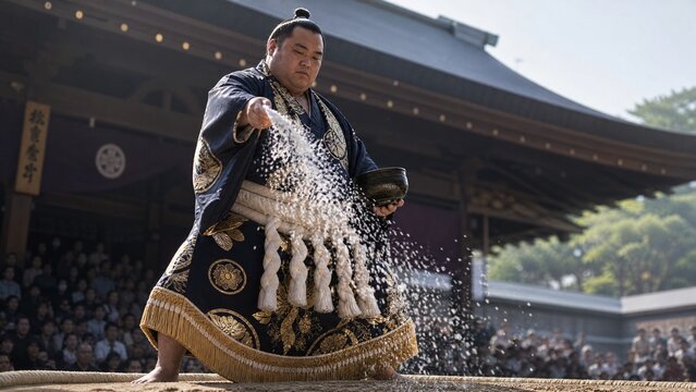 dohyo. Sumo wrestler solemnly scattering salt on the ring in a ritual. event key visuals, club posters, designed for sports event promotions and stadium branding, used by event planners.