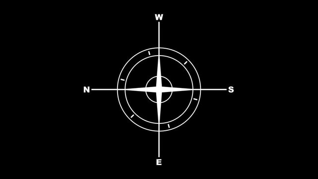 White minimalist compass icon animation with spinning needle showing north south east west directions isolated on black background.compassionate icon vector design template simple and clean.