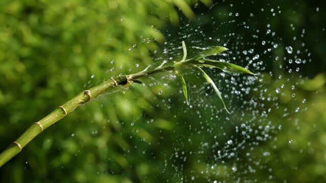 flinging. A flexible bamboo branch recoiling, flinging water droplets into the air. gardening catalogs, home-decor guides, designed for home decor and floral branding, used by procurement managers.