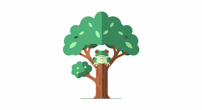 A green tree with a frog resting on its trunk