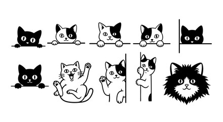 Cute Cat Illustrations, Black and White Kawaii Cats, Feline Vector Icons, Cartoon Cat Faces © Dylan
