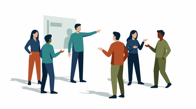 A group of people in casual clothing discussing and gesturing
