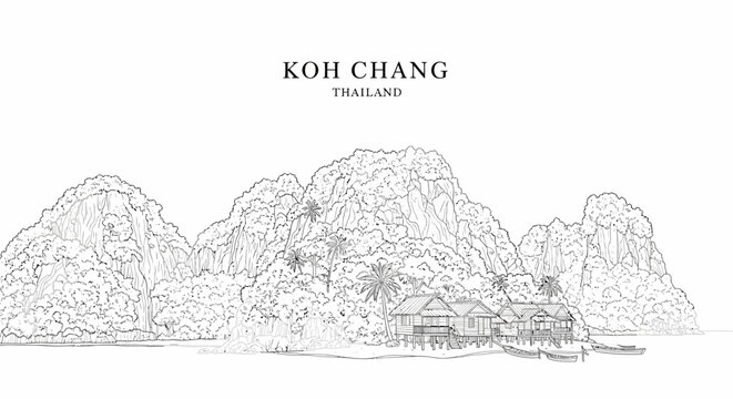 Line art illustration of Koh Chang featuring stilt houses on a beach below rocky forested cliffs