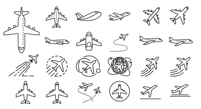 Airplane icons, aircraft symbols, flight illustrations, aviation graphics, 25 plane drawings