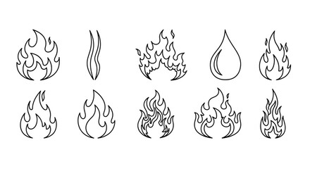 Fototapeta premium Fire icons, flame symbols, burning elements, 10 editable vector graphics