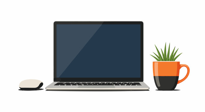 A laptop computer with a mouse and a potted plant on a desk