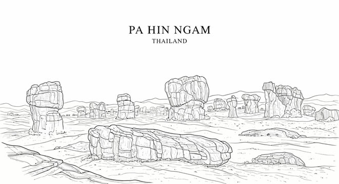 Line art illustration of the Pa Hin Ngam rock formations in Thailand set in a desert landscape