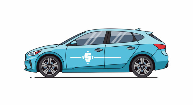 A light blue hatchback car with a white logo on the side door