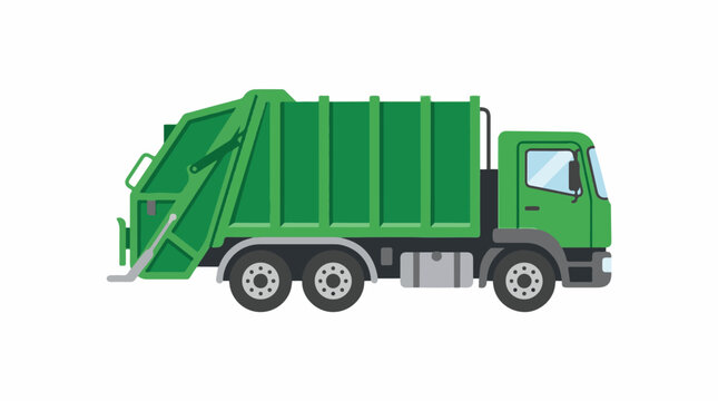 A large green garbage truck with a raised dumpster on the back