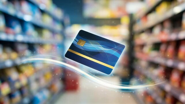 Credit card floating in blurry supermarket aisle. Electronic payment concept for grocery shopping. Financial transaction technology and digital retail finance process.