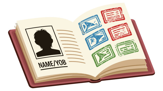 Passport vector identity document with travel visa stamps