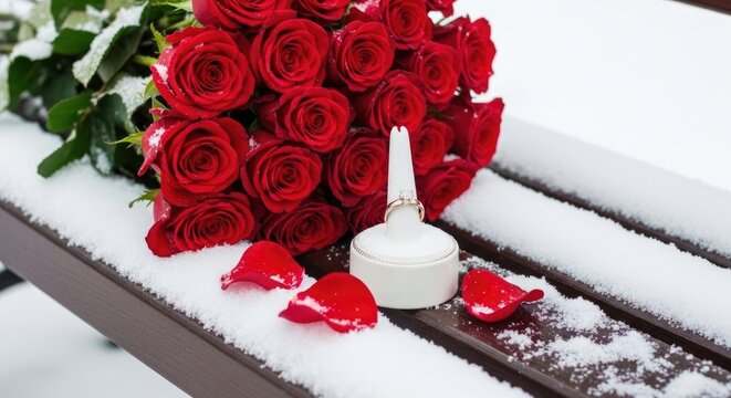 Snowy bench with red roses and wedding ring