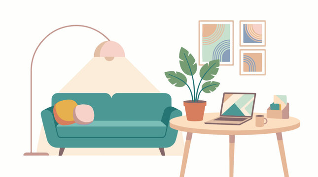 A living room scene with a teal couch, a round table with a laptop and a plant
