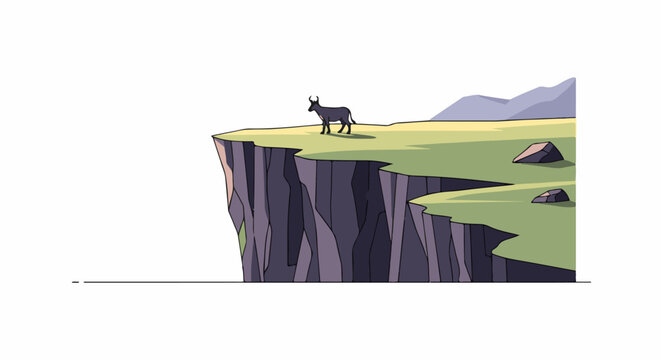 A lone goat stands on a grassy cliff edge overlooking nothingness
