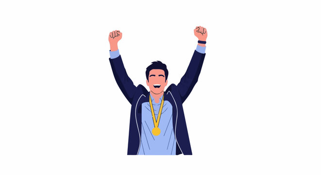 A man in a blue shirt and jacket with a gold medal