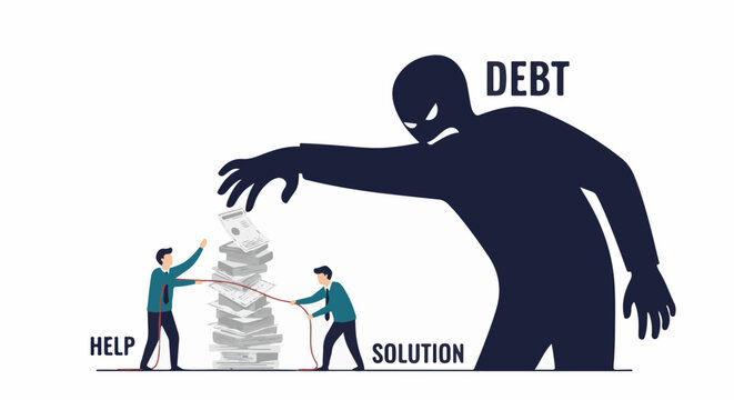 A large silhouette looms over two men pulling a rope tied around a stack of papers. Category Business