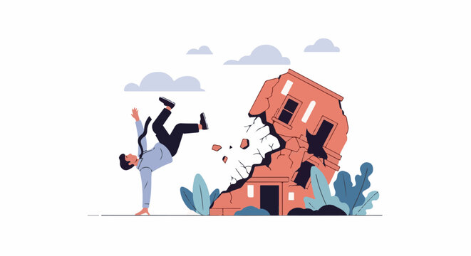 A man falls while a house crumbles