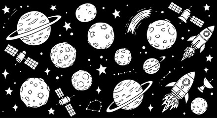 Black and White Line Art Space Scene with Planets, Rockets, Satellites, and Stars © louise