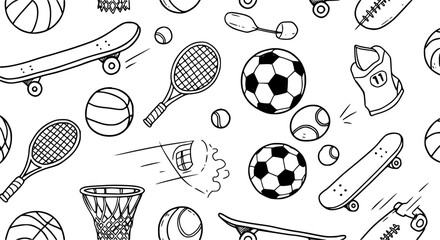 Sports and Active Lifestyle Equipment Hand-Drawn Black  White Line Art Seamless Pattern with Skateboards, Balls, and Rackets © louise